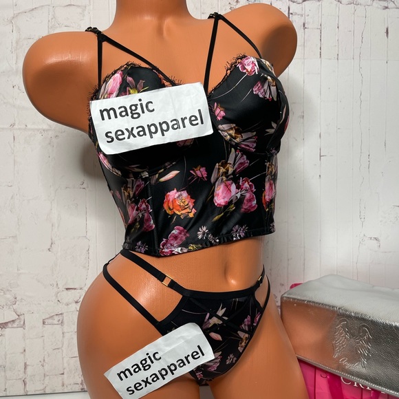 VS LUXE 32 34 36 BUSTIER BRA S PANTY SET SATIN STRAPPY CAGED FLORAL CUT OUT - Picture 1 of 2